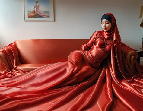 woman shrouded in a 10-meter-long, plush red semi transparent satin shimmer cloth, tightly bound and grandly draping along the f...