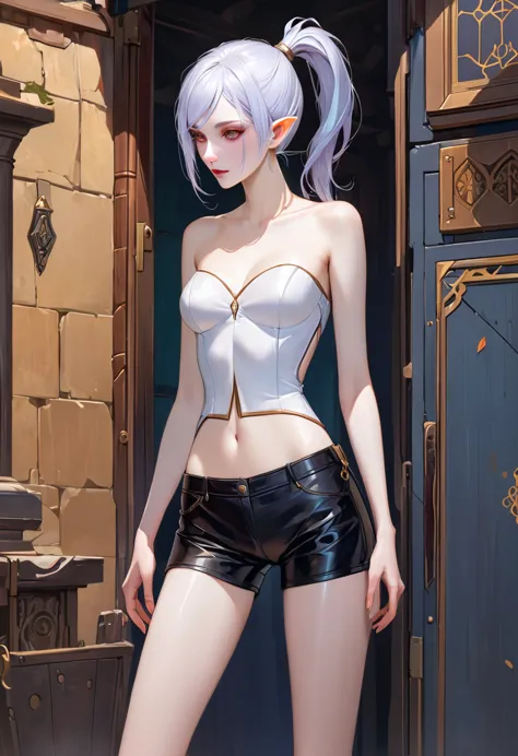 one girl, textured white skin, short ponytail, silver hair, elf ears,masterpiece, concept art, slender,medium chest,shorts,leath...