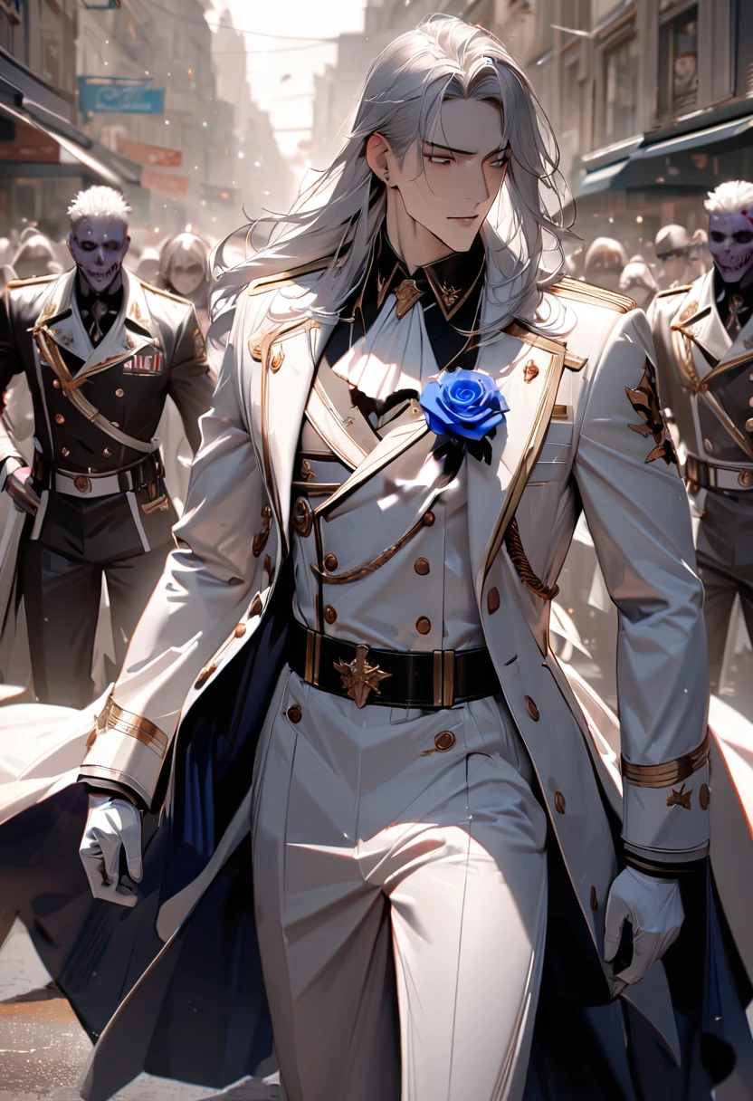 (masterpiece, high details, best quality, highres, 8k), male１Man and one woman, White navy hat:1.3, White coat, White military uniform, Silver Hair, Long Hair, Blue rose on left chest:1.5, Black boots, White Skirt, Night Street:1.3, Zombie hordes:1.2