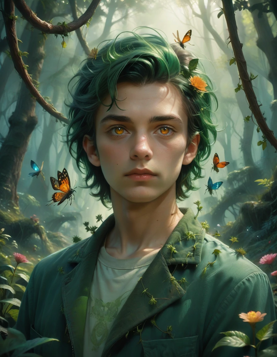 a detailed, ethereal digital art portrait of a plant-human hybrid, vines and flowers growing from skin, surrounded by a swarm of bioluminescent insects, in a bioluminescent forest clearing, with rich emerald and amber color palette, ultra-detailed, 8k, best quality, masterpiece, extremely detailed, photorealistic, vivid colors, dramatic lighting, volumetric lighting, cinematic composition, digital painting, concept art, surreal, fantasy, nature, organic, ethereal, mystical, enchanted