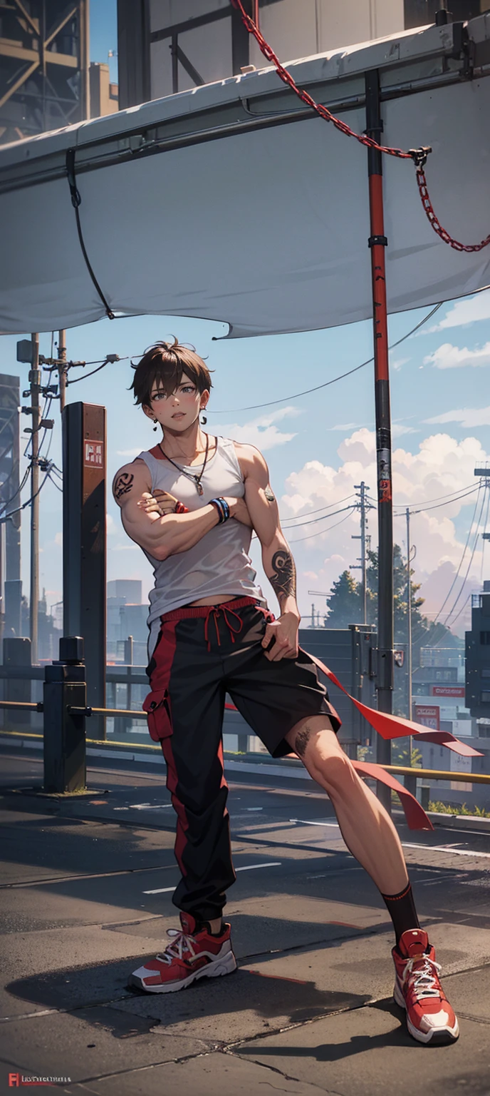 ((best quality)), ((masterpiece)), (detailed), perfect face, 1boy, solo, young, angry, clear background, red tank top, black eyes, black hair, short hair, muscled body, hair between eyes, very short hair, earrings, chain tag, entire body ((WholeBody)), character full body view, standing up, brown hair, red hair, red scars, red tattos in arm, boy, teenager, arms crossed, tattos around arms, sportwear, shoes, oversized cargo pants, male character
