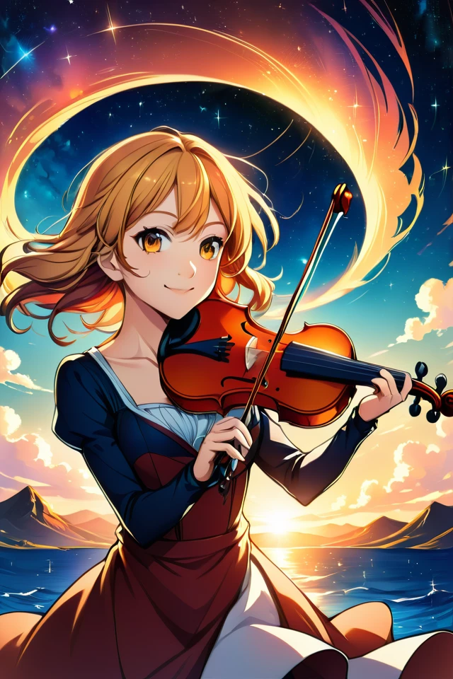 Against the background of the sunset sky, a girl with hair fluttering in the wind is smiling with a violin, the sky where the stars begin to shine, anime-style illustrations, high resolution, line drawings drawn in detail, warm colors, fantastic atmosphere 