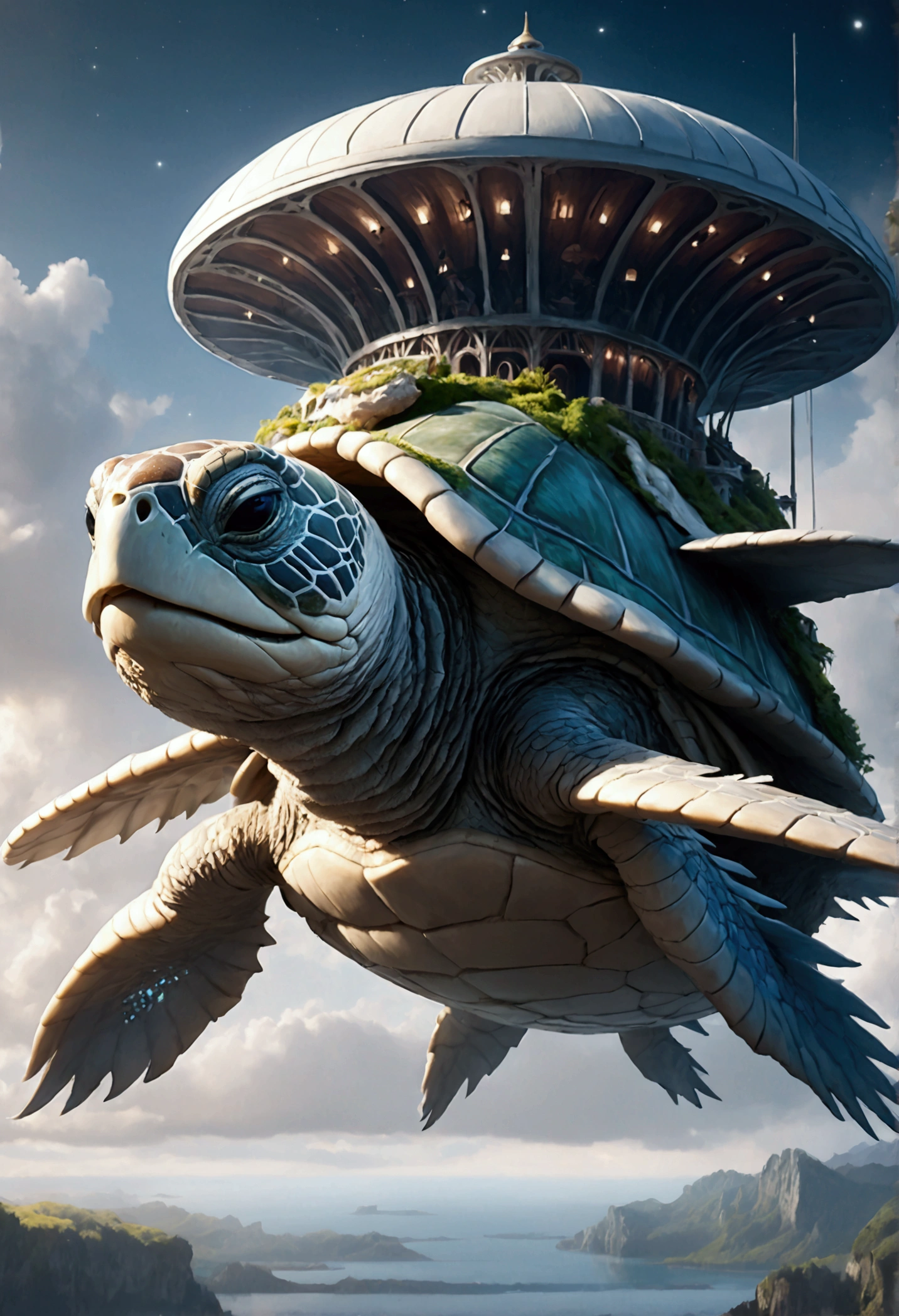 An enormous, fantastical creature that resembles a giant sea turtle, but on a massive scale, serving as a living airship. Its body is covered in soft, white feathers, and its head is adorned with elegant feather ridges that sweep backward. The creature has six long flippers that are a blend of wings and aquatic fins, creating a graceful, otherworldly appearance as it glides through the sky. Its large shell is sculpted with deep ridges and caverns, offering both protection and structure. Atop the shell, intricate treehouse-like structures made from mushrooms are nestled within the ridges, each with aerodynamic, flowing roofs designed to handle the air currents. The scene evokes a sense of adventure and fantasy, with small, wind-swept communities living aboard this majestic creature as it soars through a magical sky filled with stars, clouds, and distant floating islands.
