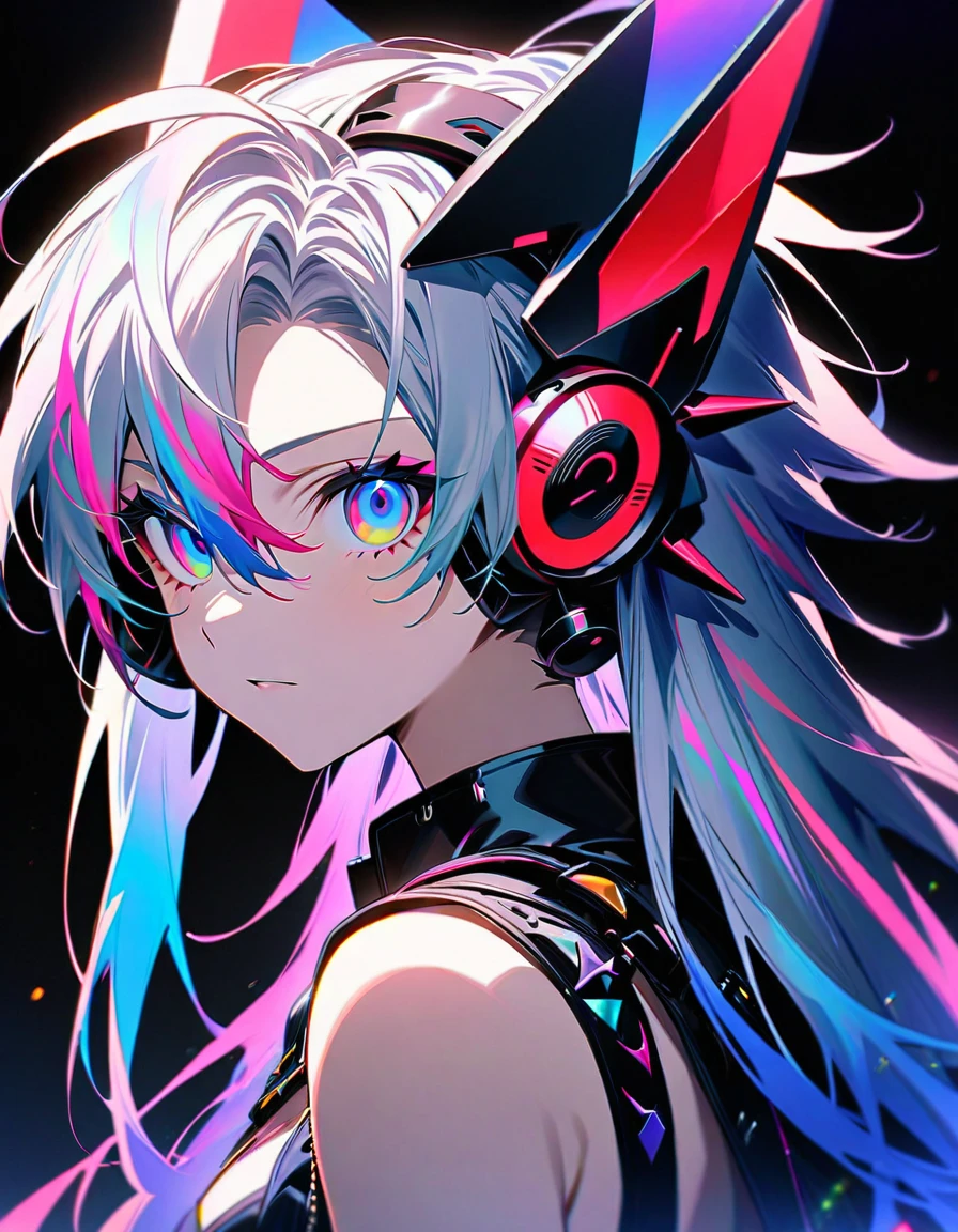 (((masterpiece,Highest quality))),(((A male anime character wearing a revealing military-style outfit with multi-colored, spiky hair and mechanical headgear)),(((Visual kei))),((Black Background)),Only one person,Focus on the upper body,from the front,(high quality),anime,rainbow highlights hair