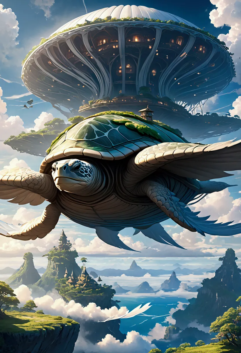 an enormous, fantastical creature that resembles a giant sea turtle, but on a massive scale, serving as a living airship. its bo...