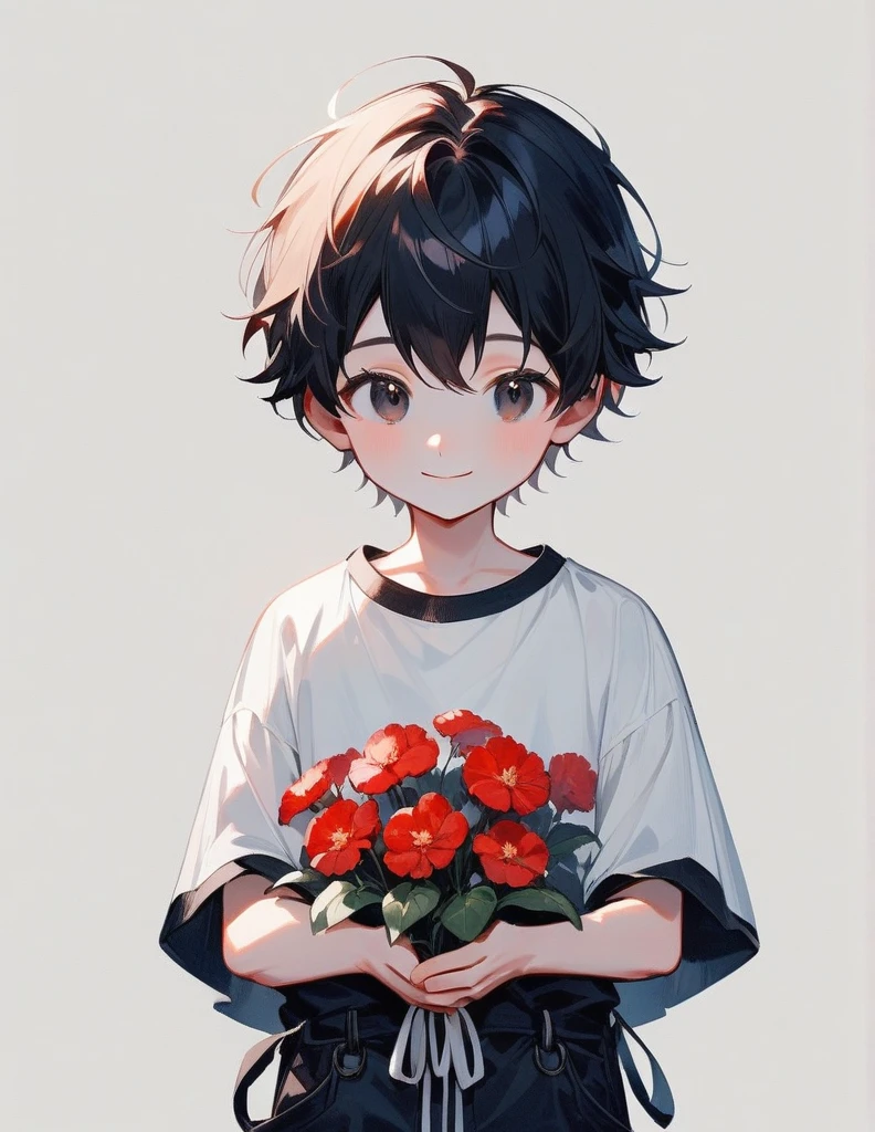 little 8 years boy, with black short hair, and black innocent eyes, he's looking forward to the camera with a warm smile, he's wearing long-sleeved T-shirt with black, red and white stripes and black jeans, he's holding a red flowers in his hands, just standing normally, optimal quality, simple background