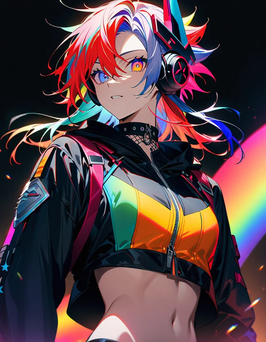 (((masterpiece,Highest quality))),(((A male anime character wearing a revealing military-style outfit with short, spiky, multi-colored hair and mechanical headgear)),(((Visual kei))),((Black Background)),Only one person,Focus on the upper body,from the front,(high quality),anime,rainbow highlights hair