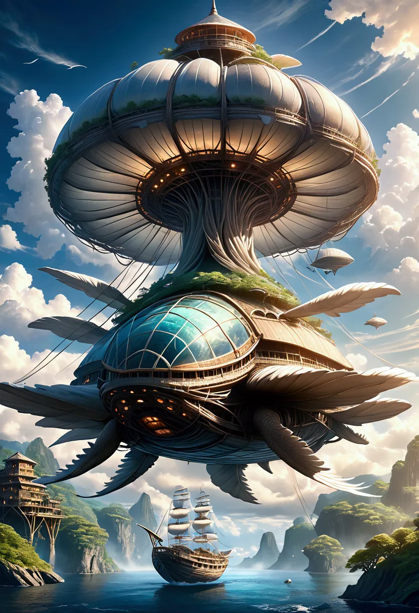 an enormous, fantastical creature that resembles a giant sea turtle, but on a massive scale, serving as a living airship. its bo...