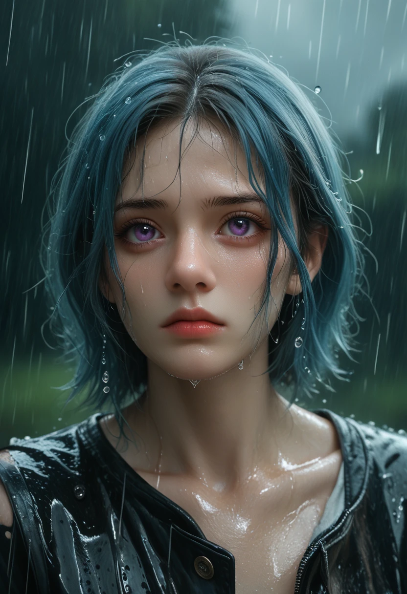 In this striking portrait, a woman stands under the relentless downpour, the rain cascading down her face and soaking through her clothes. Her hair, drenched and clinging to her skin, frames her face in wet tendrils. Droplets of water glisten on her skin, accentuating the curves of her face and the determined set of her jaw. Her eyes, focused and intense, seem to pierce through the rain, reflecting both strength and a quiet resolve. The background is a blurred mixture of grey clouds and streaks of falling rain, making her figure stand out in sharp contrast. The light, dim and muted by the rain, creates a moody atmosphere, highlighting the contours of her face and the subtle details in the fabric of her clothes as they cling to her form. Despite the storm raging around her, she remains unwavering, exuding a sense of defiance and grace in the midst of nature's fury. purple eyes, blue hair, best quality, 4k, 8k, high resolution, cinematic, vibrant, intricate, Hyperrealistic, high detail