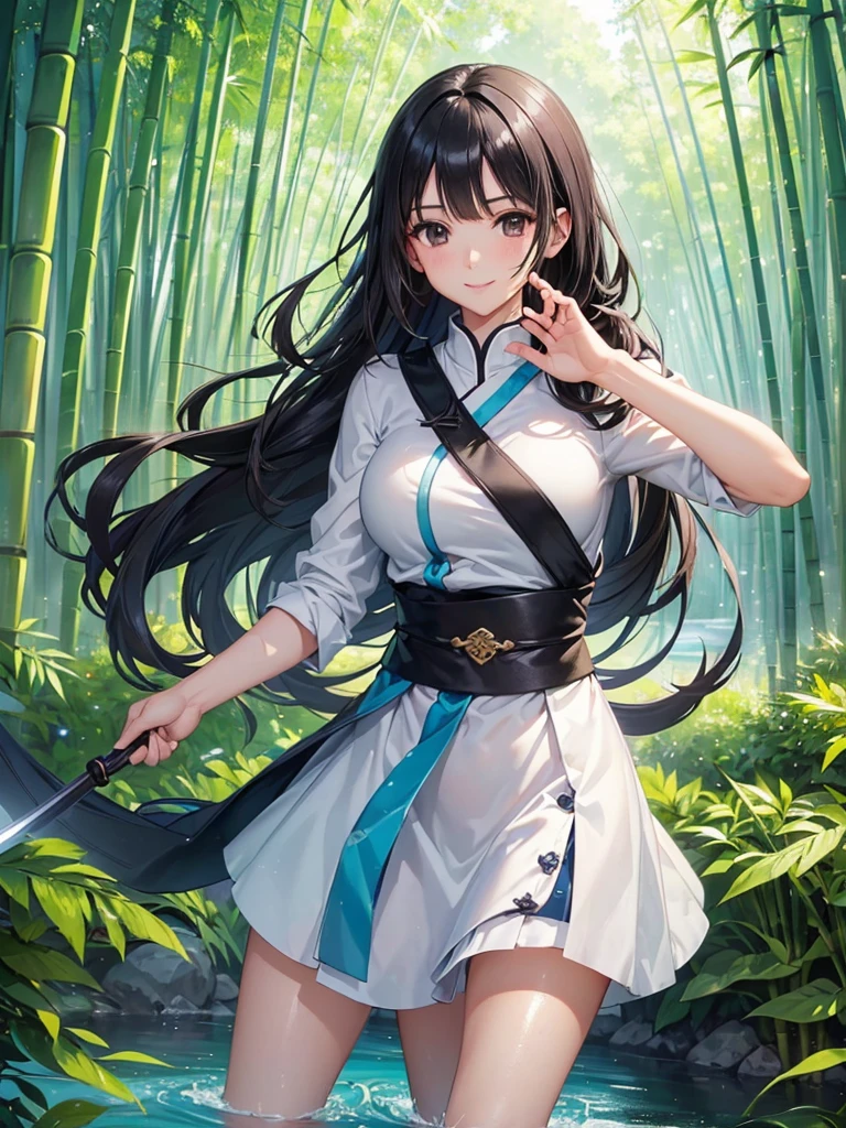 ((Very beautiful girl swordsman:1.3)),((A large bamboo forest next to a beautiful river:1.3)),(Very exquisite beautiful face and eyes:1.3) ,(16k,Ultra-high resolution,Best Quality,masterpiece,Very detailed,Extremely clear CG),,((Beautiful, well-groomed, shiny black hair:1.3)),((Beautiful jet black eyes:1.3)),Anatomically correct body,Very detailed顔の特徴, Beautiful and perfect face:, Perfect Eyes,cowboy shot,standing in the water,Smiling at the audience