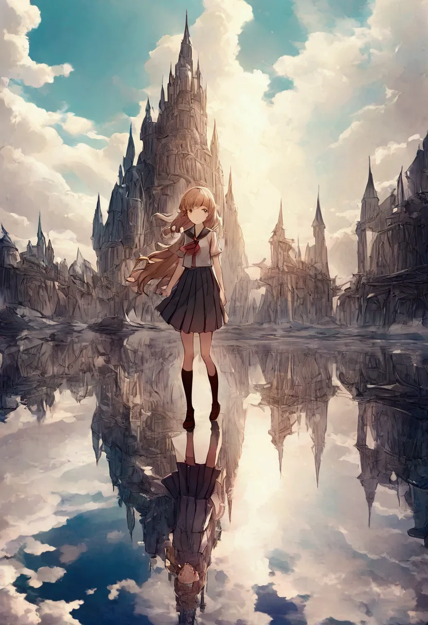 cute style fantasy girl, soft, city, delicate, expressive, texture, school uniform，mysterious city