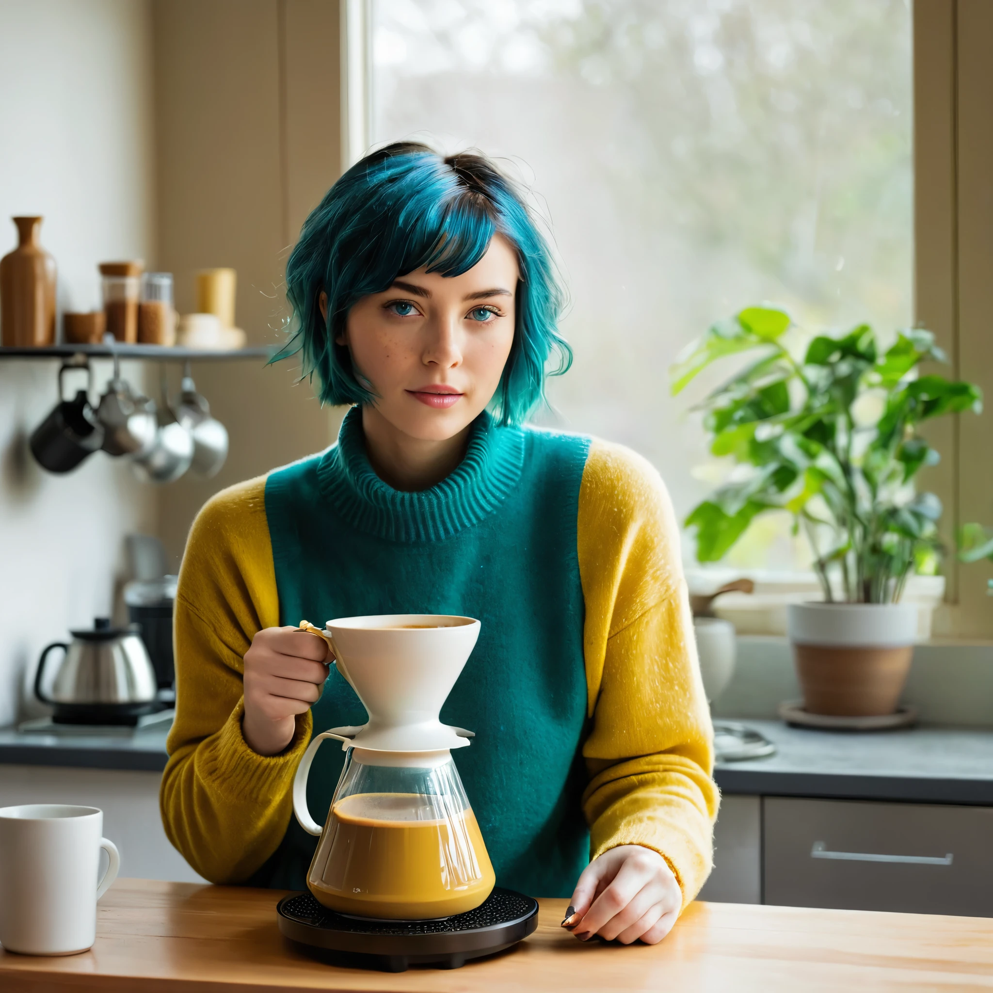 (((Woman, 20 years old, Nordic ethnicity, short blue hair))), ((perfect face, light freckles, Blue-Green eyes, slight smile)), wearing a cozy oversized (((mustard yellow))) sweater. She is using a pour-over coffee maker (V60 or Chemex), with coffee accessories spread out—grinder, scale, and kettle in the background. Warm morning light filters through the window, illuminating a steaming cup of coffee in the foreground. (((Color palette - turquoise, neon green, yellow shades))), (best quality, 8k, masterpiece, ultra-detailed, photorealistic, soft lighting)