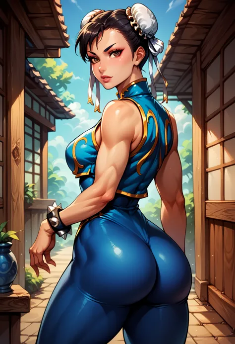 score_9, score_8_up, score_7_up, break, score_9, 1girl, chun-li (\street fighter)\, black hair, brown eyes, makeup, eyelashes, s...