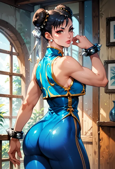 score_9, score_8_up, score_7_up, break, score_9, 1girl, chun-li (\street fighter)\, black hair, brown eyes, makeup, eyelashes, s...