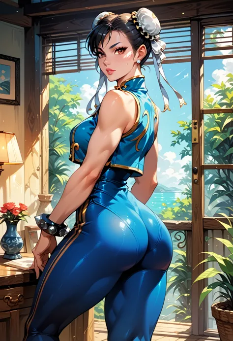 score_9, score_8_up, score_7_up, break, score_9, 1girl, chun-li (\street fighter)\, black hair, brown eyes, makeup, eyelashes, s...