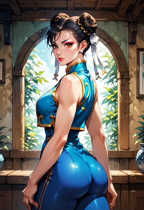 score_9, score_8_up, score_7_up, break, score_9, 1girl, chun-li (\street fighter)\, black hair, brown eyes, makeup, eyelashes, s...