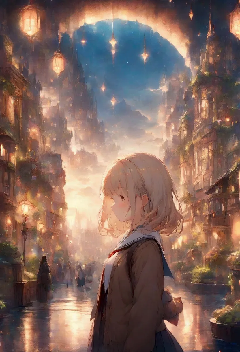 cute style fantasy girl, soft, city, delicate, expressive, texture, school uniform，mysterious city