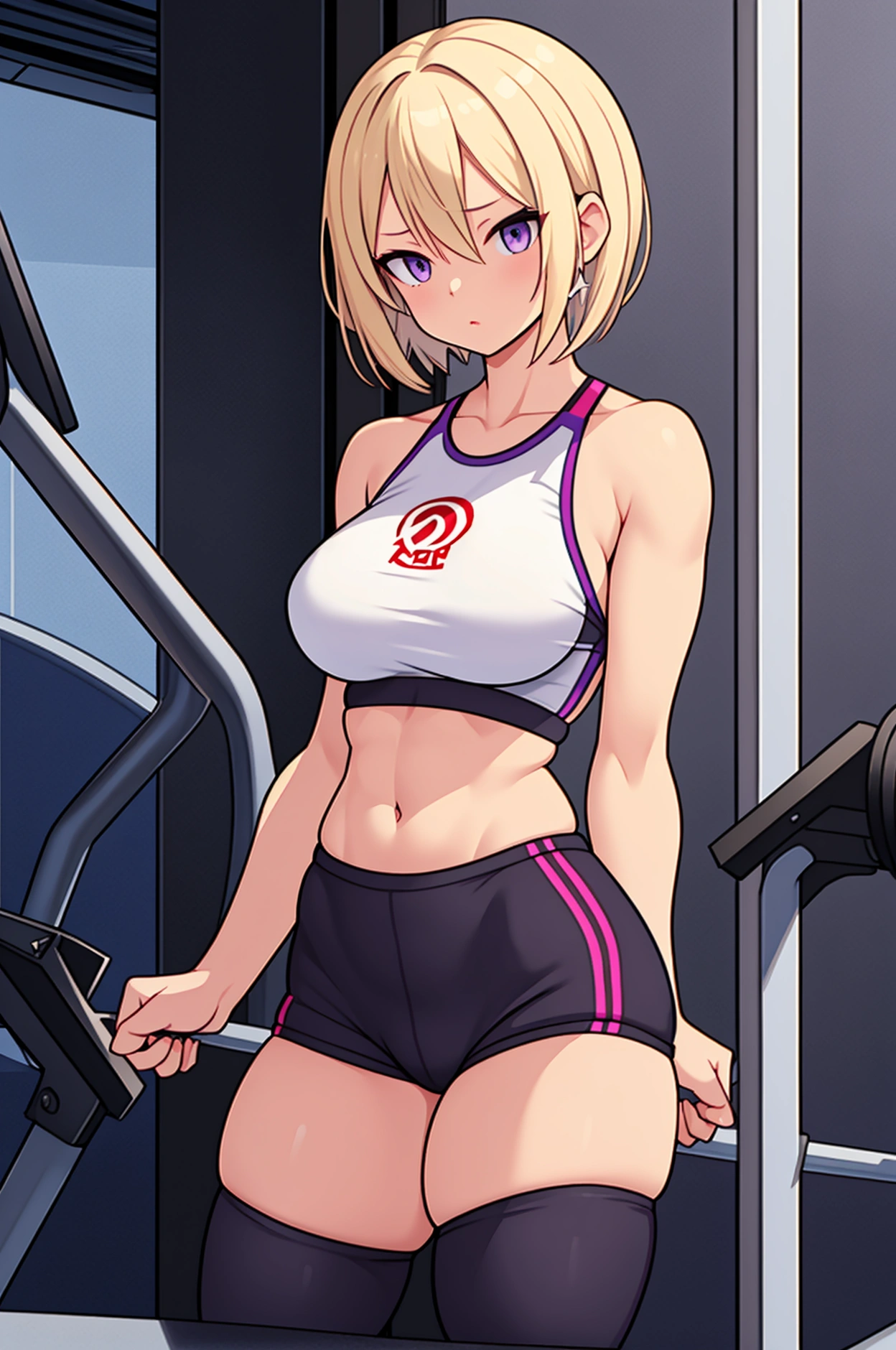 Masterpiece, Russian woman, short blonde hair, modern gym outfit, big breasts, small waist, wide hips, purple eyes, elliptical lips, trained thighs, fitness ass. (without errors or deformations) 
(no extra hands or legs)