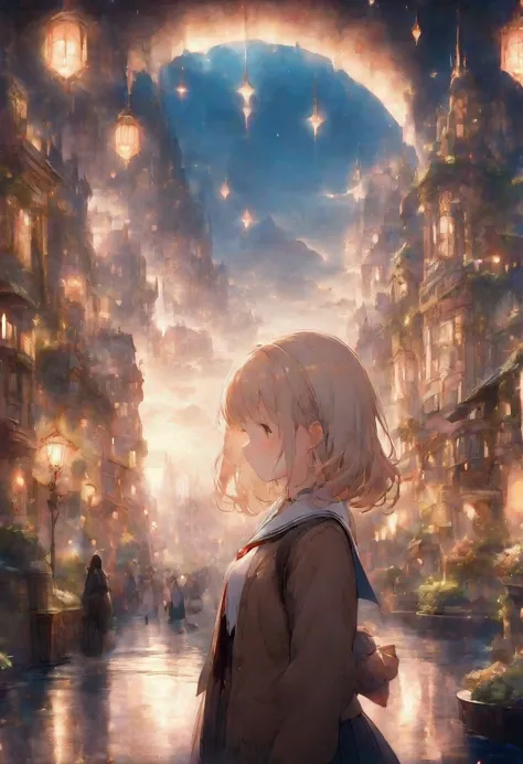 cute style fantasy girl, soft, city, delicate, expressive, texture, school uniform，mysterious city