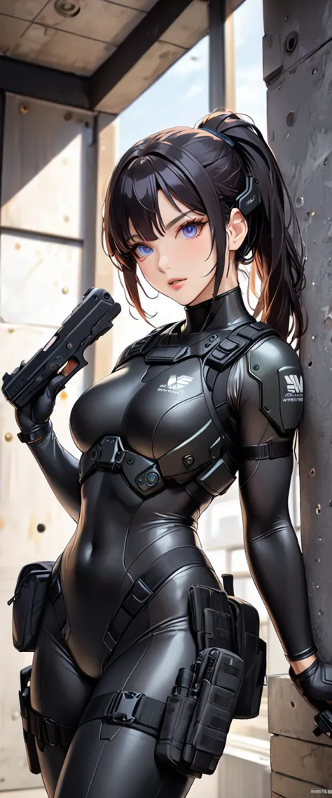 (masterpiece:1.2,best quality,best quality,very detailed:1.2),8k,wallpaper,(one woman),(future female swat team members),(((pist...