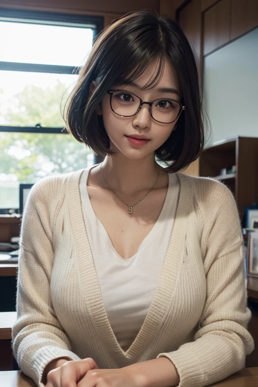 ((masterpiece, Best Quality, Illustration, Ultra-detailed, finely detail, hight resolution, 16K Wallpaper, Perfect dynamic composition)), Japanese cute lady,office worker,location at office,natural light effects,(incredibly detailed face,incredibly detailed beautiful and downtuned cut eyes,unkempt bobcut,tall),((very gamour)),laughing,((full body image)),((Realistic)), ((photo Realistic)),glasses,