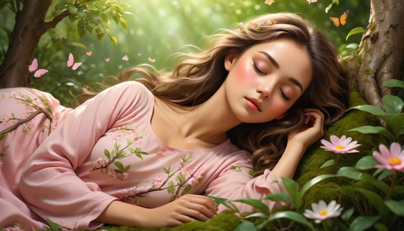 (best quality,High resolution:1.2)sandy,<xml><input>realistic</input></xml>,full body,20 years, in nature. colored lighting,beautifully detailed eyes,long eyelashes,beautifully detailed lips,brown hair,girl sleeping. pastel colored clothes ( lying down sleeping peacefully ) about spring, using plants , For example: a tree with flowers. very green nature, dream atmosphere,pastel pink outfit ,peaceful expression,Relaxing Posture,Serene mood. <xml><input>realistic</input></xml> details,vivid colors,sharp focus,average:oil painting,soft shades,Dream environment, lots of flowers and butterflies flying. 8k
