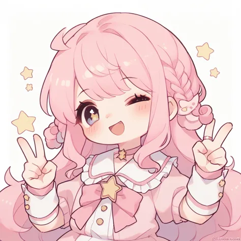 upper body, a girl，wink、magical girl、chubby、long pink hair、stars、happy、peace sign、profile picture