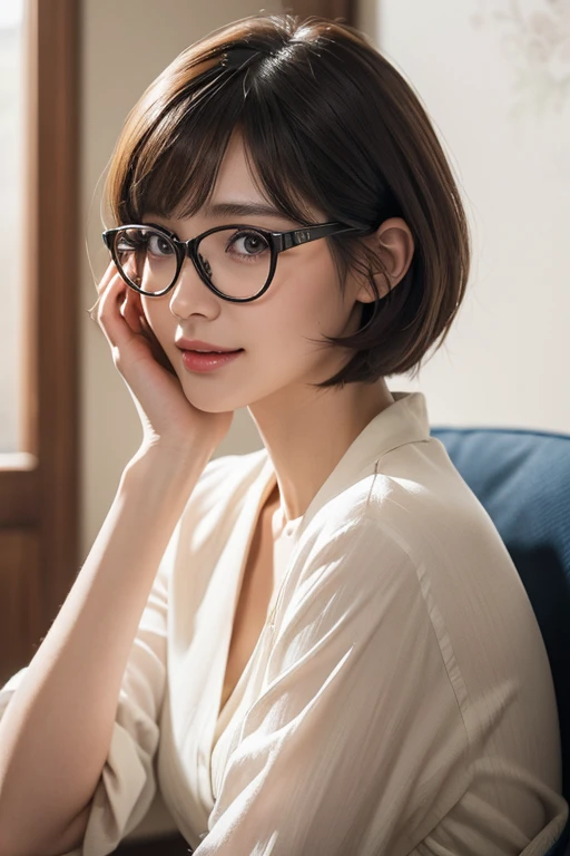 ((masterpiece, Best Quality, Illustration, Ultra-detailed, finely detail, hight resolution, 16K Wallpaper, Perfect dynamic composition)), Japanese cute lady,office worker,location at office,natural light effects,(incredibly detailed face,incredibly detailed beautiful and downtuned cut eyes,unkempt bobcut,tall),((very gamour)),laughing,((full body image)),((Realistic)), ((photo Realistic)),glasses,