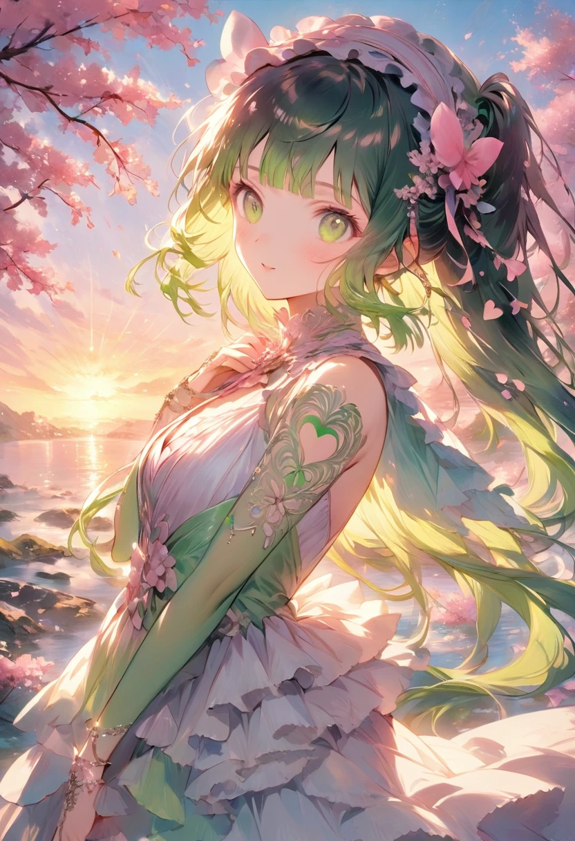 ((Best Quality))、((masterpiece))、(detailed)、8k、「anime『Demon slayer』Inspired by the heart motif of、Please portray Mitsuri Kanroji realistically and vividly.。The setting is、Her iconic pink and green hair is soft and flowing、Warmth、like、Kindness must be emphasized。Focus on her bright expression and vibrant energy.、柔らかい照明を使用して思いやりとlike情の感覚を高めます。Her outfit has intricate details、Subtly incorporate heart shapes into your design。In the background、In keeping with her personality、Enjoy the natural environment, such as cherry blossoms in full bloom and a calm sunset sky.、The entire scene can be rendered in soft shades of pink and green.。」、Conceptual Art、jpeg artifacts、First Person View、Nearby cats、Ultra-high resolution、Anatomically correct、Attention to detail、超detailed