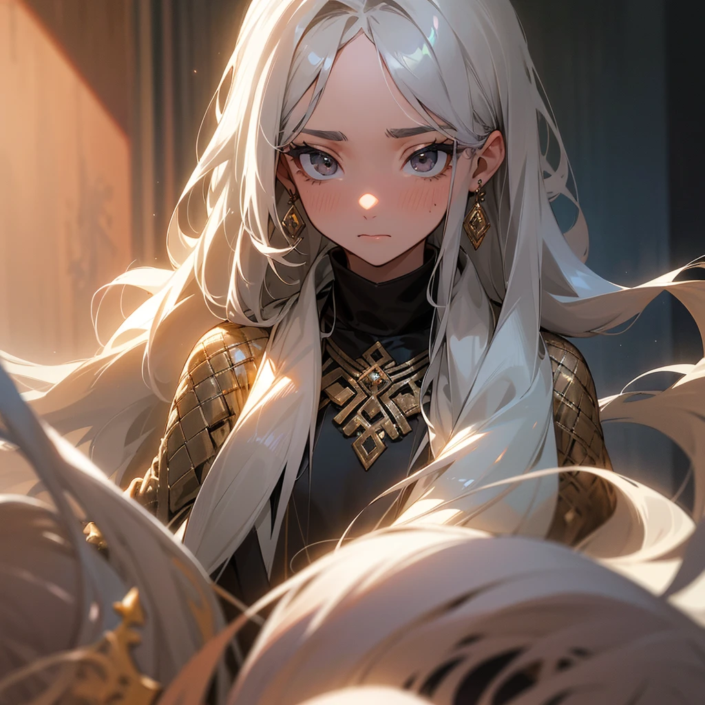 Beautiful adult girl, Long wavy gray hair, big gray eyes, frightened facial expression, Long eyelashes, a lot of decorations, jewelry, closed clothing, , shine, tanned skin, Complacency, confidence, bright background, beautiful collected hairstyle, anxiety, in the frame a man&#39;s hand reaches out to a girl&#39;s face