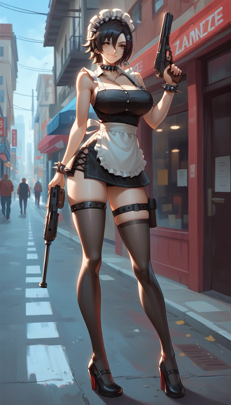 ultra-detailed, 1girl, ellen_joe, Zenless Zone Zero, (best quality), ((masterpiece)), (highres), 16K, orange eyes, perfect face, short hair, black hair, spiked choker, spiked bracelet, spiked headdress, hair ornament, ear piercing, wearing short dress, wearing apron, black pantyhose, thigh straps, black footwear, busty body, large breasts and a beautiful ass, showcasing cleavage, legs, hips, gun, holding gun, looking at viewer, smile, detailed full body, thigh details, street background