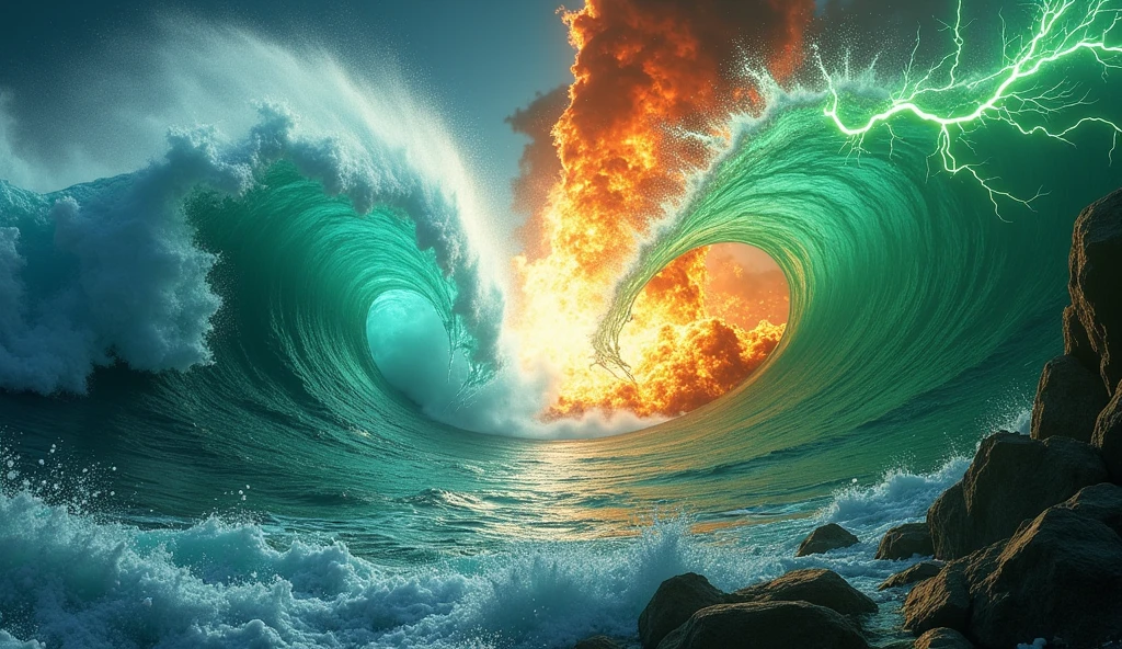 Create a split background to illustrate the match between SeaArt and Fusion Brain. On the left, SeaArt dominates with powerful, swirling waves, reflecting the immensity of the ocean. The water is crystal-clear, with turquoise-blue hues illuminated by luminous underwater reflections. On the right, Fusion Brain is represented by molten energy, with green lightning and a burning technological landscape, symbolizing the power of the intellect. In the center, an explosion of energy bridges the gap, marking the epic confrontation between ocean and fusion. Above the separation, the text 'SeaArt or Fusion Brain? You decide!' is displayed in dynamic, attention-grabbing letters.