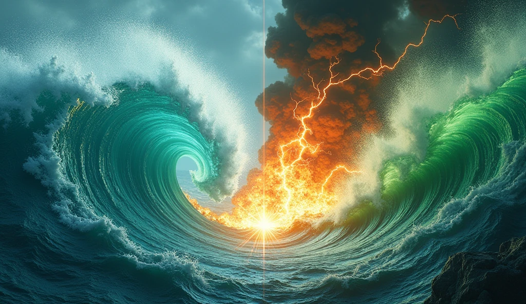 Create a split background to illustrate the match between SeaArt and Fusion Brain. On the left, SeaArt dominates with powerful, swirling waves, reflecting the immensity of the ocean. The water is crystal-clear, with turquoise-blue hues illuminated by luminous underwater reflections. On the right, Fusion Brain is represented by molten energy, with green lightning and a burning technological landscape, symbolizing the power of the intellect. In the center, an explosion of energy bridges the gap, marking the epic confrontation between ocean and fusion. Above the separation, the text 'SeaArt or Fusion Brain? You decide!' is displayed in dynamic, attention-grabbing letters.