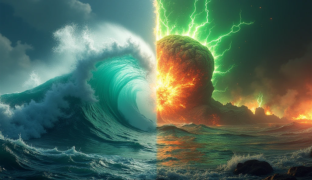 Create a split background to illustrate the match between SeaArt and Fusion Brain. On the left, SeaArt dominates with powerful, swirling waves, reflecting the immensity of the ocean. The water is crystal-clear, with turquoise-blue hues illuminated by luminous underwater reflections. On the right, Fusion Brain is represented by molten energy, with green lightning and a burning technological landscape, symbolizing the power of the intellect. In the center, an explosion of energy bridges the gap, marking the epic confrontation between ocean and fusion. Above the separation, the text 'SeaArt or Fusion Brain? You decide!' is displayed in dynamic, attention-grabbing letters.