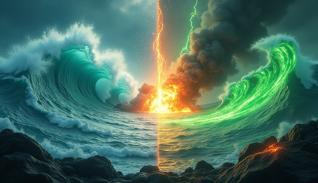 Create a split background to illustrate the match between SeaArt and Fusion Brain. On the left, SeaArt dominates with powerful, swirling waves, reflecting the immensity of the ocean. The water is crystal-clear, with turquoise-blue hues illuminated by luminous underwater reflections. On the right, Fusion Brain is represented by molten energy, with green lightning and a burning technological landscape, symbolizing the power of the intellect. In the center, an explosion of energy bridges the gap, marking the epic confrontation between ocean and fusion. Above the separation, the text 'SeaArt or Fusion Brain? You decide!' is displayed in dynamic, attention-grabbing letters.