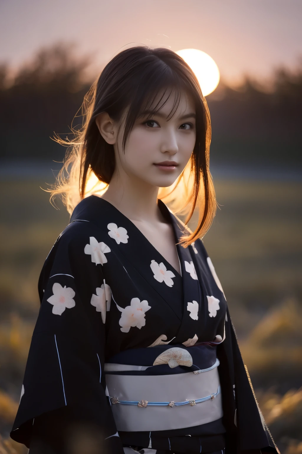 1 girl, (She is wearing a cute yukata:1.2), Very beautiful Japanese idol portraits, 
(RAW Photos, Best Quality), (Realistic, Realistic:1.4), (masterpiece), 
Very delicate and beautiful, Very detailed, 2k wallpaper, wonderful, finely, Very detailed CG Unity 8K wallpaper, Very detailed, High resolution, Soft Light, 
Beautiful detailed girl, Very detailed目と顔, Beautiful and sophisticated nose, Beautiful beautiful eyes, Cinema Lighting, 
(Standing in a moonlit barren field in late autumn:1.3), (hill), (Big Moon), (Full-body silhouette of a girl floating in the moonlight), (Dark screen at night:1.5), 
(Medium Hair), (Hair blowing in the wind), 
Perfect Anatomy, Slender body, Small breasts