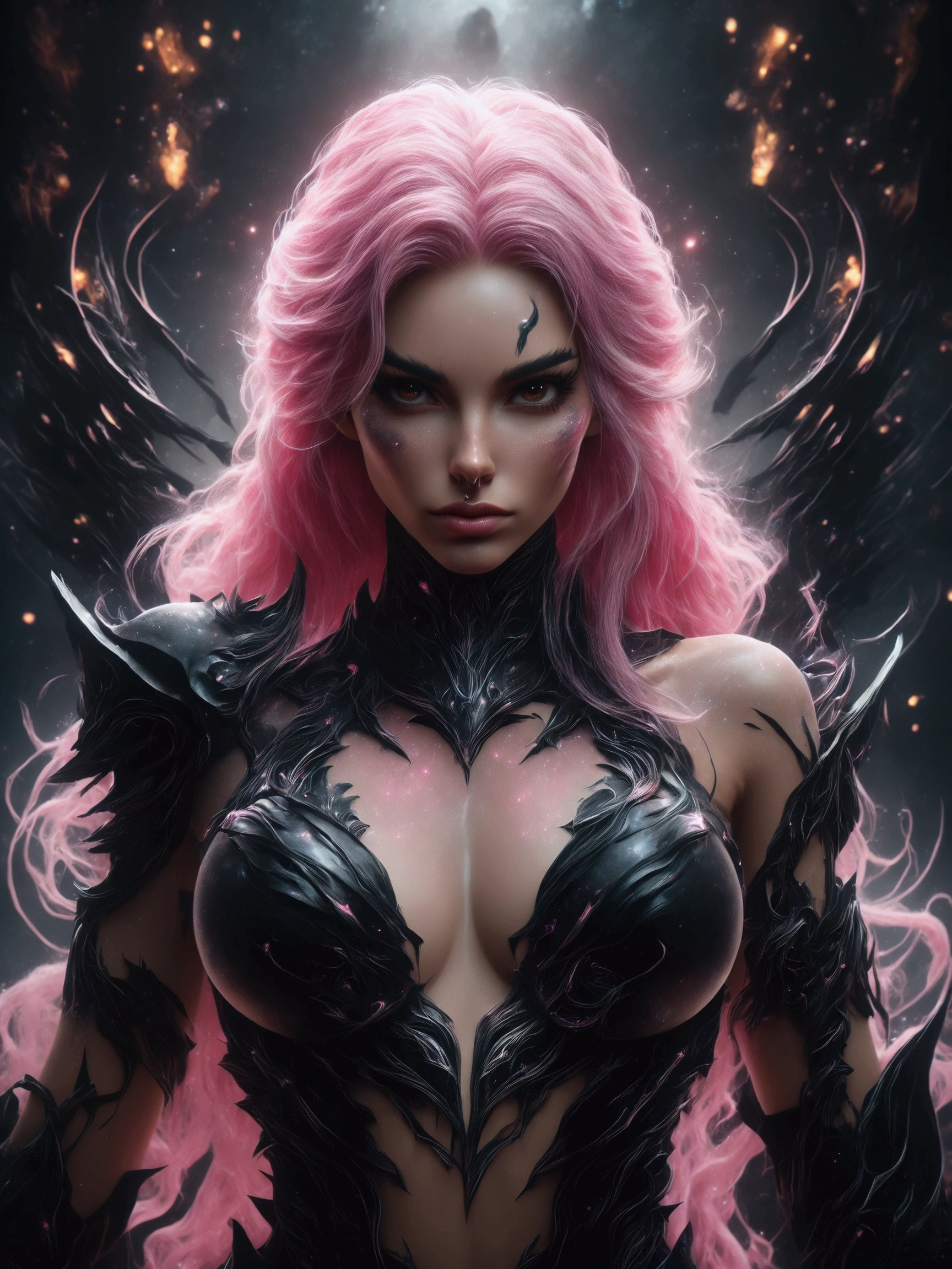 a close up of a woman with pink hair and a black outfit, epic fantasy digital art style, epic fantasy art style hd, 8k high quality detailed art, epic fantasy art style, deviantart artstation cgscosiety, 4k fantasy art, fantasy art behance, 3 d render character art 8 k, detailed fantasy digital art, 4k highly detailed digital art