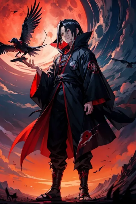 homem itachi, crows around and a blood moon in the background, (black cloak with akatsuki cloud symbol), detailed eyes, reddish ...