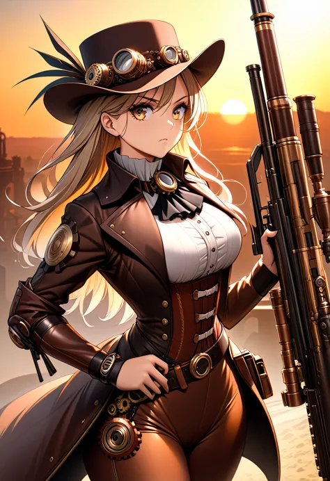 ultra quality, extremely detailed, high resolution, woman, (1girl), medium shot, cowboy, bounty hunter, targeting, steampunk sni...