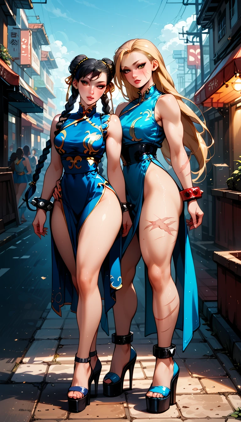 Dark Fantasy Art of score_9, score_8_up, score_7_up, rating_questionable, fantasy, lighting, epiCPhoto 2girls, duo, couple, yuri, very sexy (chun-li, black hair:1.2), and very sexy (cammySDXL, blonde hair, long hair, twin braids, scar on face:1.3), (wearing sexy sleeveless kimonos and platform heels:1.4), cute, flirt, gaze, sexy look, half-closed eyes, head tilt, filled lips, thick lips, makeup, on a romantic date, walking together, Thailand streets, modelling shoot, dark, moody, dark fantasy style, dimly lit.