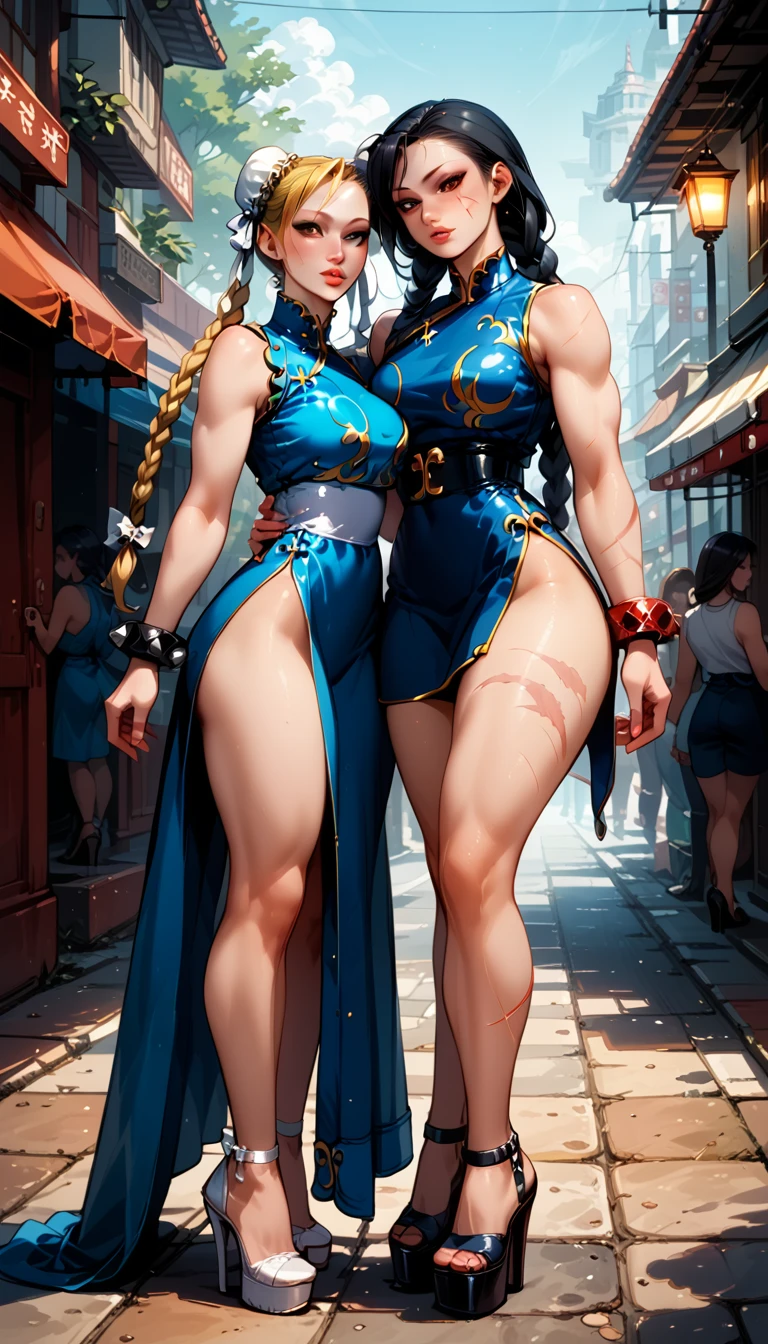 Dark Fantasy Art of score_9, score_8_up, score_7_up, rating_questionable, fantasy, lighting, epiCPhoto 2girls, duo, couple, yuri, very sexy (chun-li, black hair:1.2), and very sexy (cammySDXL, blonde hair, long hair, twin braids, scar on face:1.3), (wearing sexy sleeveless kimonos and platform heels:1.4), cute, flirt, gaze, sexy look, half-closed eyes, head tilt, filled lips, thick lips, makeup, on a romantic date, walking together, Thailand streets, modelling shoot, dark, moody, dark fantasy style, dimly lit.