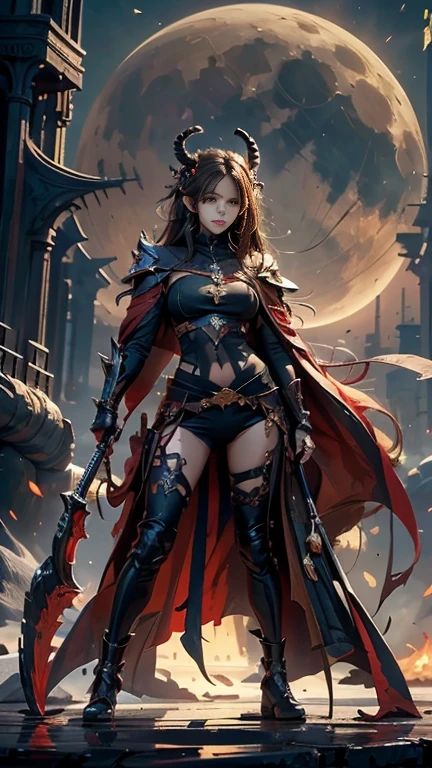 (masterpiece、Best Quality、Best Quality、High resolution、4K、8k)、(Dark fantasy、Post-nuclear city、hell、Horror、devil、Big Moon、Scattered Skeletons)、(Beautiful body、Slim body beauty、One Girl、Full body photo、Big black wings、Two big horns、Very long hair、Red eyes、Black Armor、Has a huge long scythe、A scythe bigger than his body、Black Cape、anger、Combat Stance)、