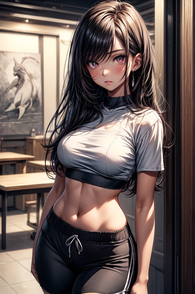 (Sketch)), ((Watercolor)), ((best quality)), ((masterpiece)), (detailed), 4k image, anime style, ((tanned white skin)), beautiful young girl, teenage girl, , sharp facial features(mix of predomninantly European and slight Chinese facial features), arrogant and disdainful expression, oval shaped face, full cherry pink lips, big round and mesmerizing dark velvet colored eyes, D-cup breasts, slender and curvy body, crop top T-shirt, dolphin track shorts, Flowing Sleek dark violet-black hair , small narrow waist, full curvy hips, tall height(175cm), natural indoor background with a bed and desk, casting gentle shadows, casual and slightly intense atmosphere, low angle, sharp focus on the subject, no motion blur, well-lit overall exposure, front-view, gazing straight into the camera