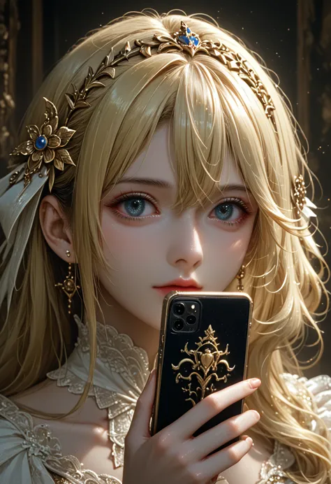 close-up of woman with long blonde hair, holding a mobile phone, вдохновлено magali villeneuve, fantasy portrait, fantasy portra...