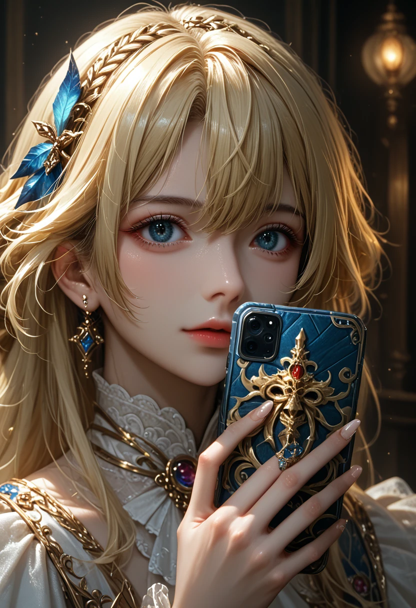 Close-up of woman with long blonde hair, holding a mobile phone, вдохновлено Magali Villeneuve, fantasy portrait, fantasy portrait art, detailed matte fantasy portrait, Alice X. Zhang, fantasy portrait, epic fantasy portrait, beautiful fantasy portrait, Magali Villeneuve, Graphic artist Magali Villeneuve, Fantasy portrait, Epic fantasy digital art style