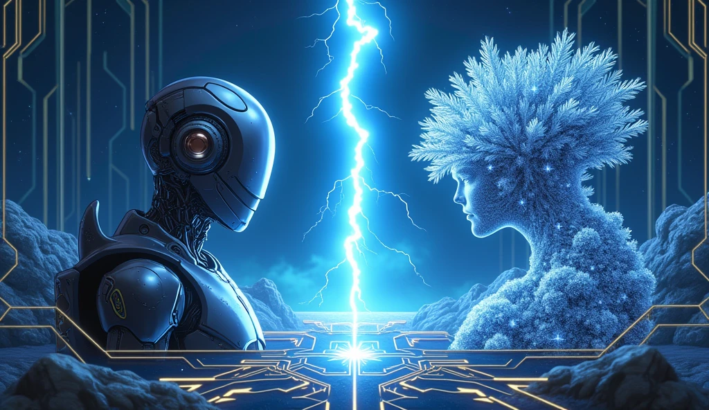 Design a split background for the duel between PlaygroundAI and Blue Willow. On the left, PlaygroundAI is represented by a futuristic landscape with technological elements, such as a shiny robot in metallic tones and interlocking digital circuits, against an electric blue background. On the right, Blue Willow is symbolized by a mystical forest, bathed in silvery light, with glittering leafy trees and a towering crown of wood in the sky. In the center, a powerful lightning bolt divides the two sides, signifying the imminent confrontation. The text 'PlaygroundAI or Blue Willow? You decide!' appears at the top of the screen, capturing the essence of this duel between technology and magic.