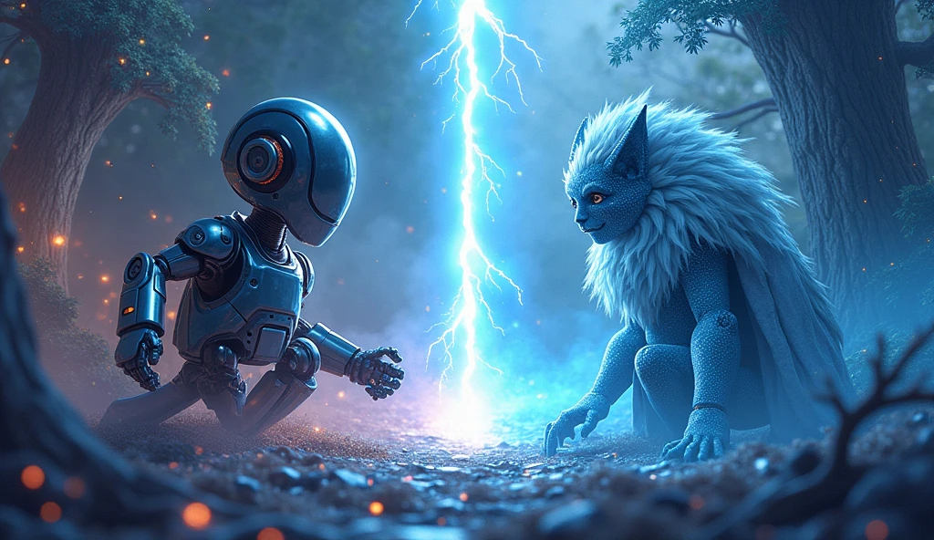 Design a split background for the duel between PlaygroundAI and Blue Willow. On the left, PlaygroundAI is represented by a futuristic landscape with technological elements, such as a shiny robot in metallic tones and interlocking digital circuits, against an electric blue background. On the right, Blue Willow is symbolized by a mystical forest, bathed in silvery light, with glittering leafy trees and a towering crown of wood in the sky. In the center, a powerful lightning bolt divides the two sides, signifying the imminent confrontation. The text 'PlaygroundAI or Blue Willow? You decide!' appears at the top of the screen, capturing the essence of this duel between technology and magic.