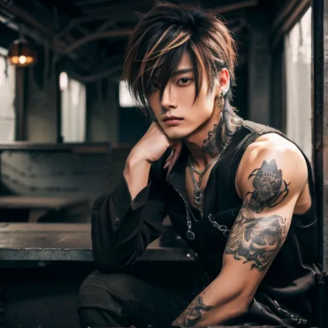 1 man, male, japanese man, visual kai hairstyle, ultra detailed face and body, hyperrealistic, realistic representation, muscula...