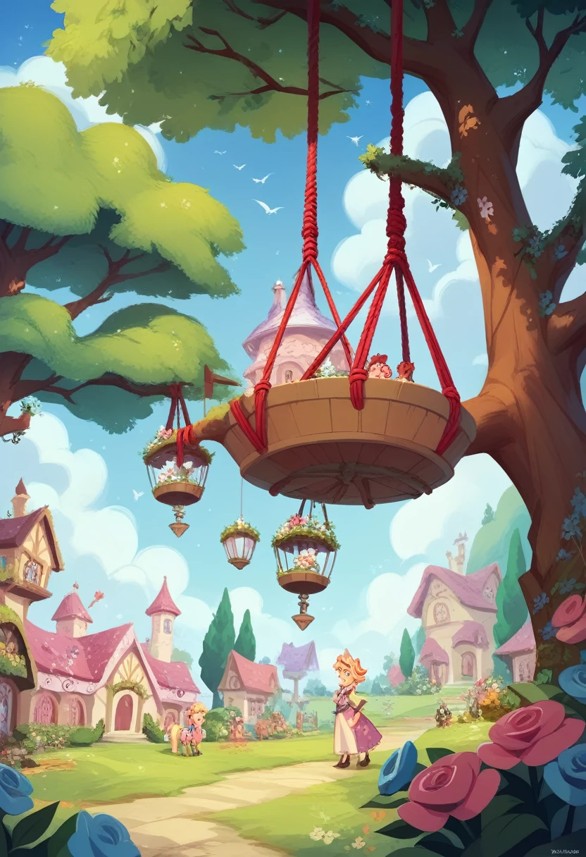 A fantasyland's garden with multiple fantastic flowers and a big tree with hanging ropes 