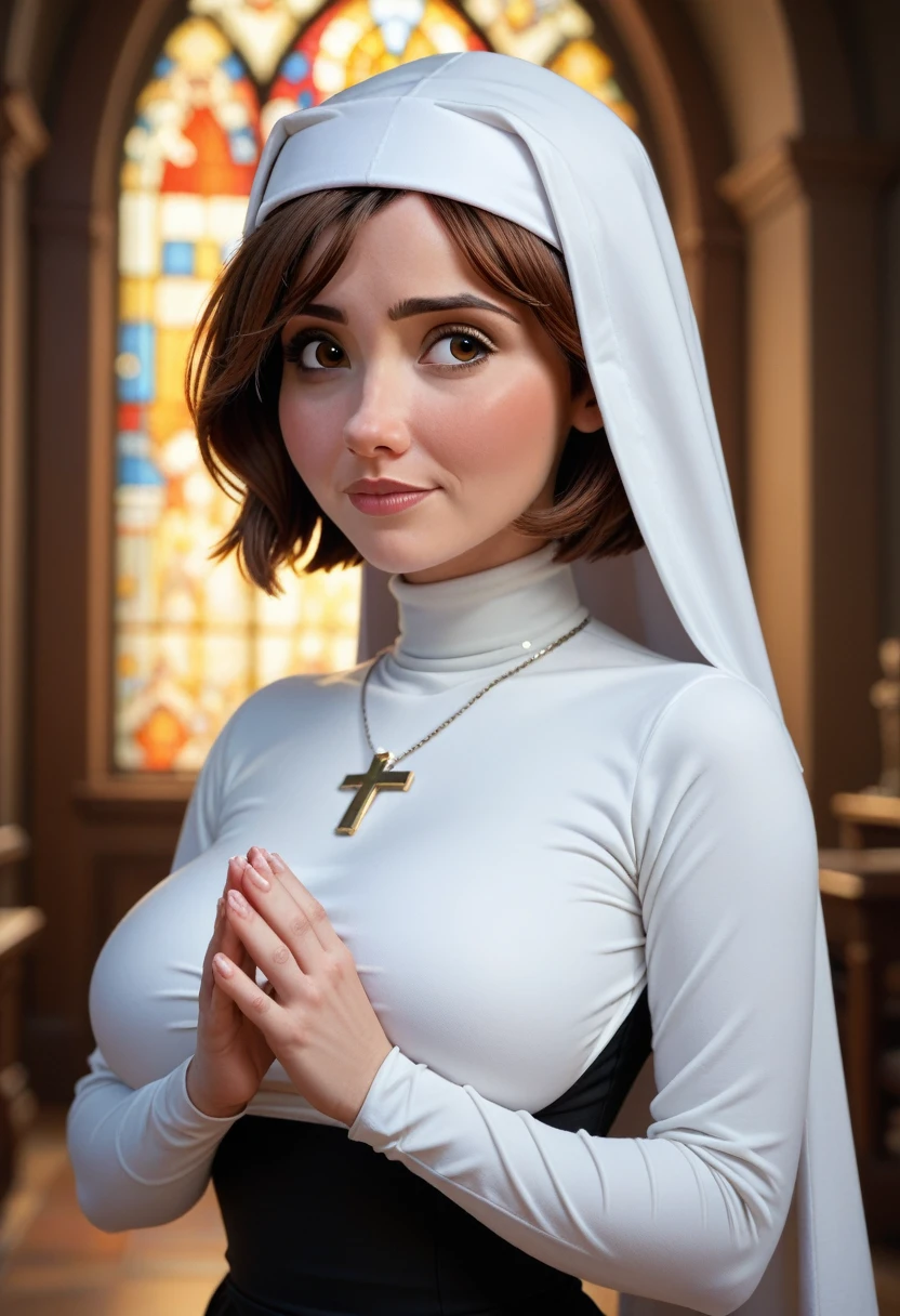 Cass from the movie "Big hero 6", Brown hair, short hair, perfect hands, big breasts, nun&#39;s clothes, sexy black panty, stuck wall, steep, lift your buttocks, buttocks to the viewer, You can only see her buttocks and legs.